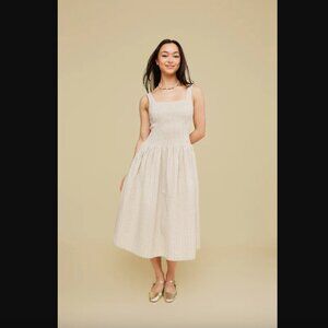 Mixed by Nasrin White & Beige Smocked A Line Midi Dress S NWT